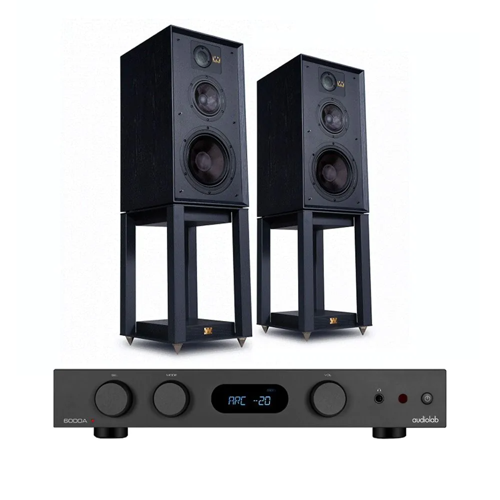 Audiolab 6000A MKII Integrated Amplifier with Wharfedale Linton Heritage Standmount Speakers with Matching Stands-black-front