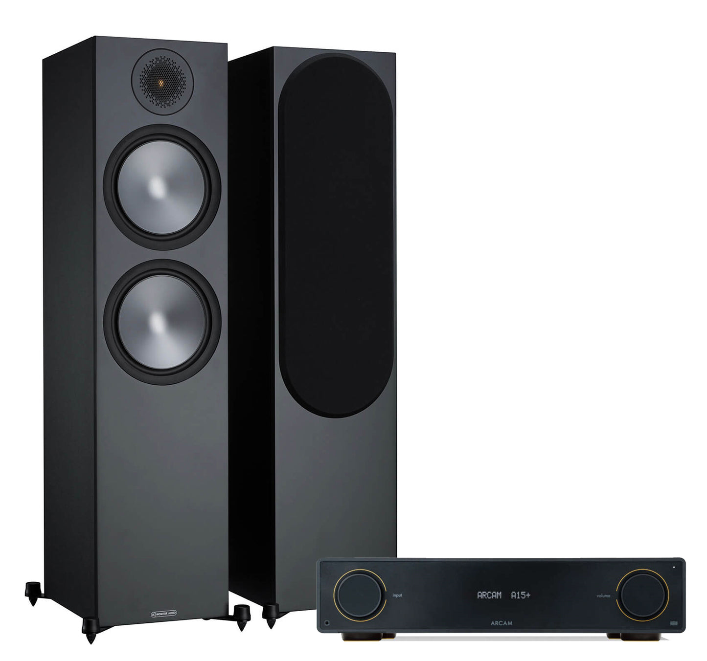 Arcam A15+ + Monitor Audio Bronze 500 6G inc Cable-front-black