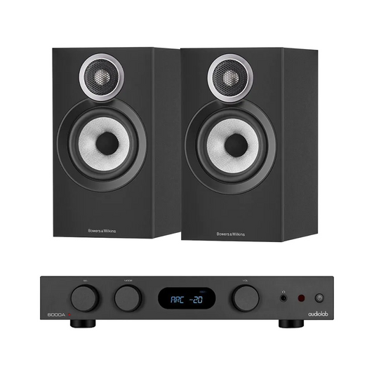 Audiolab 6000A MKII Integrated Amplifier with Bowers & Wilkins 607 S3 Standmount Speakers-black-front