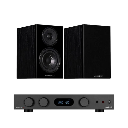 Audiolab 6000A MKII Integrated Amplifier with Wharfedale Diamond 12.1 Bookshelf Speakers-black-front