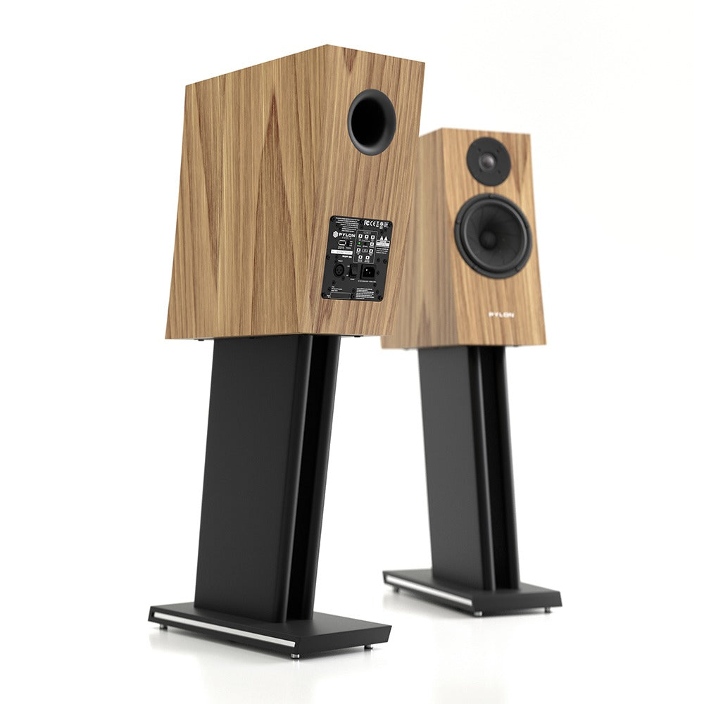 Pylon Audio Jasper monitor 18 Active  Bookshelf Speaker-American Walnut-with stand